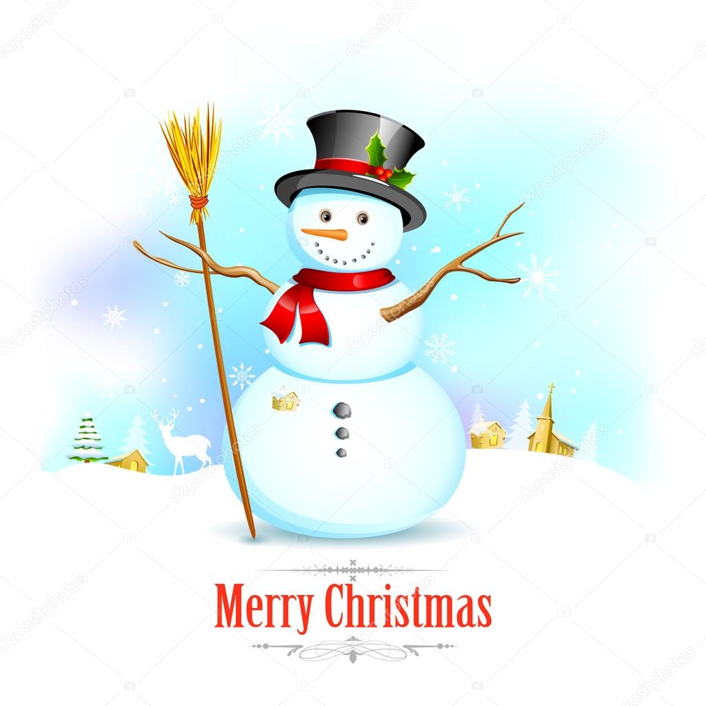 Snowman with broom in Christmas Background