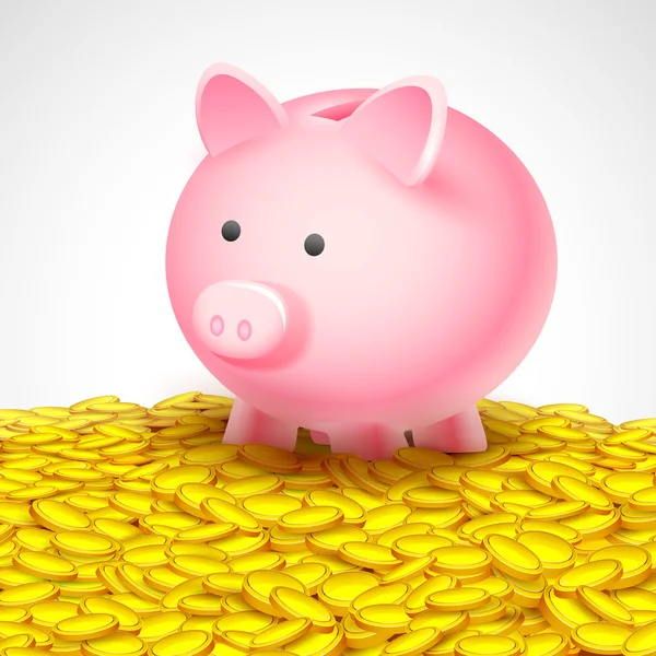 Piggy bank op hoop van gouden munten — Stockvector