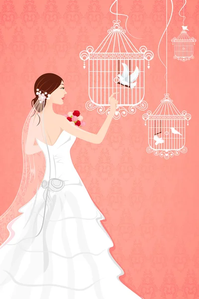 Sposa con gabbia per uccelli — Vettoriale Stock