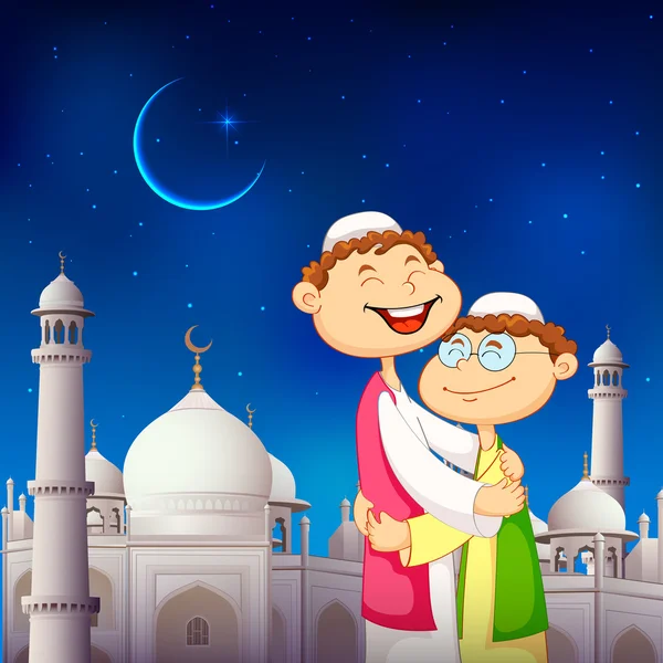 Personas abrazando y deseando Eid Mubarak — Vector de stock