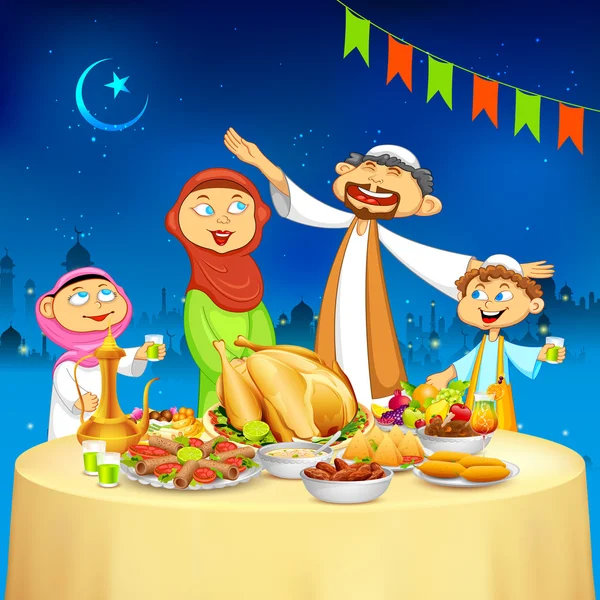 Familia musulmana en fiesta de Iftar — Vector de stock