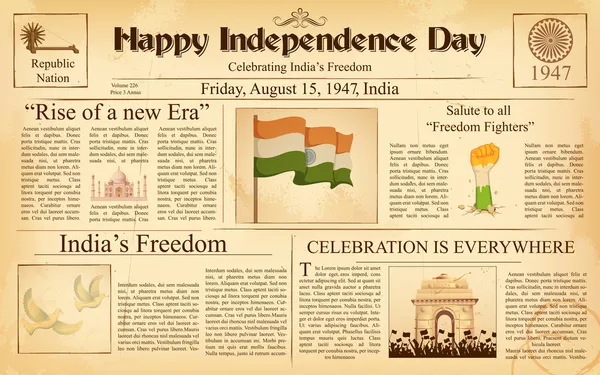 Periódico vintage para el Feliz Día de la Independencia de la India — Archivo Imágenes Vectoriales