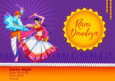 Dandiya in disco Garba Night afişi Navratri Dussehra festivali için.