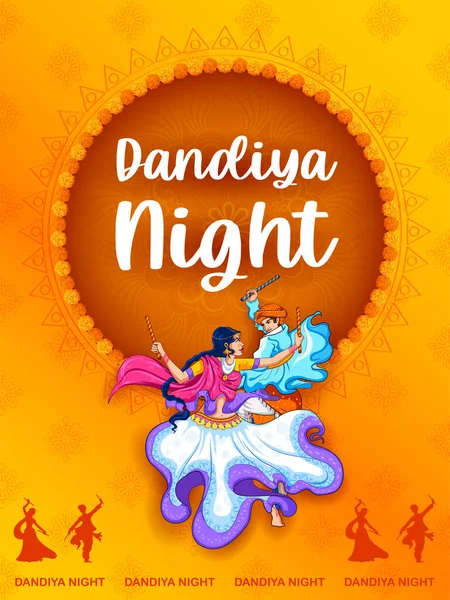 Dandiya in disco Garba Night afişi Navratri Dussehra festivali için. — Stok Vektör