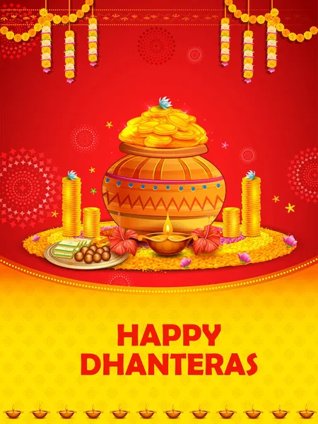 Dhanteras celebración en Happy Diwali festival de luz de la India de fondo — Vector de stock