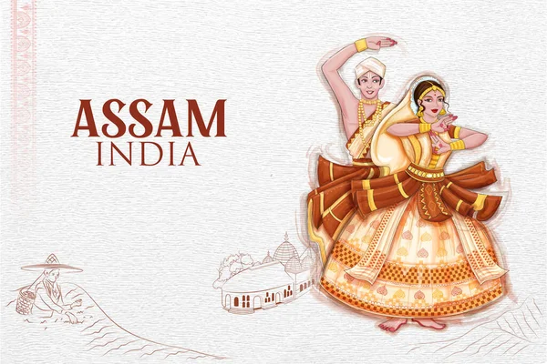 Ζευγάρι ερμηνεύει Sattriya χορό παραδοσιακό λαϊκό χορό της Assam, Ινδία — Διανυσματικό Αρχείο