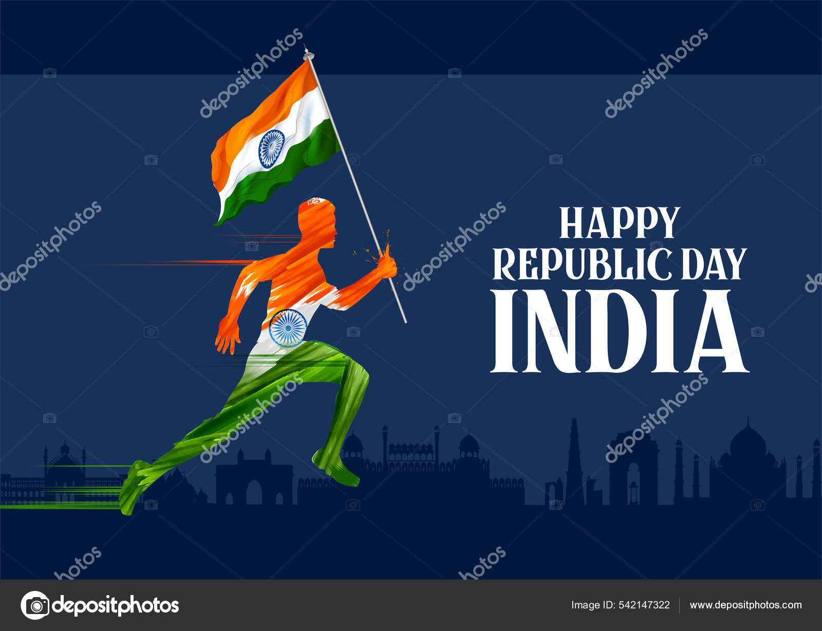 Illustration Abstract Tricolor Banner Man Running Indian Flag 26Th