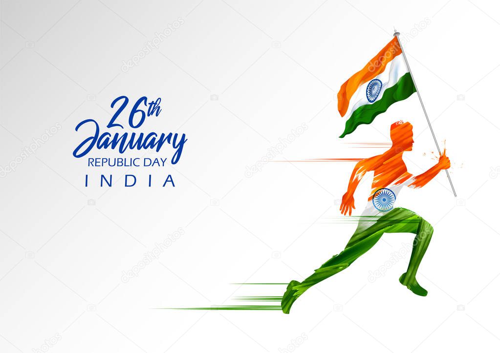 illustration of abstract tricolor banner man running with Indian flag for 26th January Happy Republic Day of India