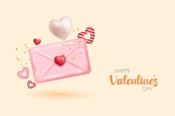 Illustration Realistic Heart Letter Happy Valentine Day Romantic Love Background — Stock Vector