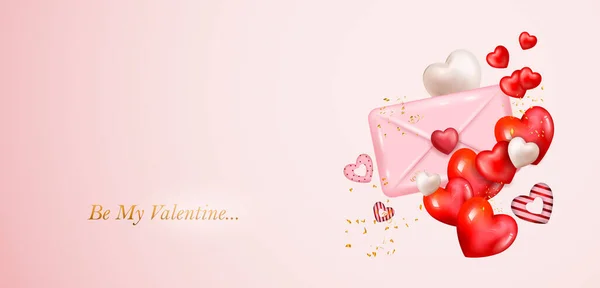 Illustration Realistic Heart Letter Happy Valentine Day Romantic Love Background —  Vetores de Stock