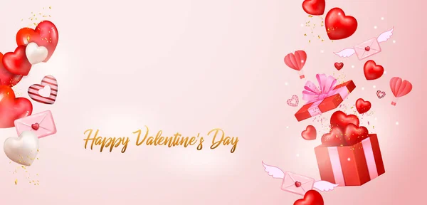 Illustration Realistic Heart Gift Box Happy Valentine Day Romantic Love —  Vetores de Stock