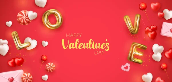 Illustration Realistic Heart Love Text Happy Valentine Day Romantic Background —  Vetores de Stock