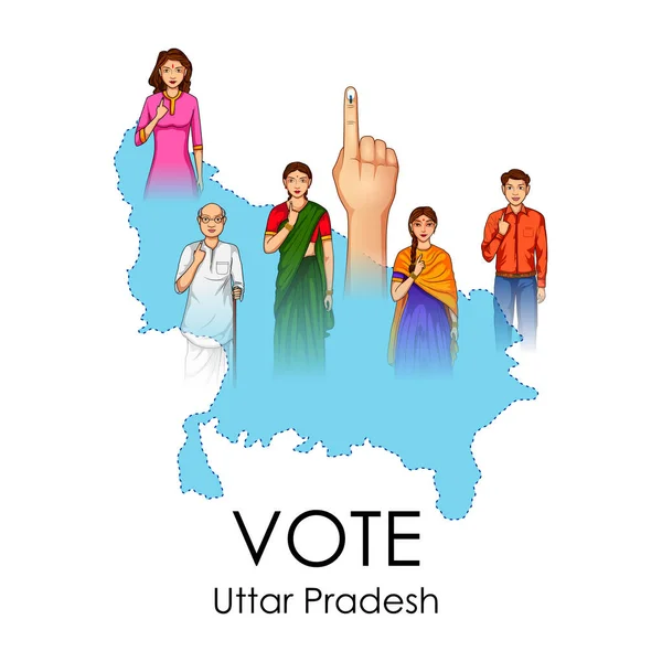 Diferentes pessoas mostrando dedo votante para a eleição da Assembleia Legislativa de Uttar Pradesh — Vetor de Stock