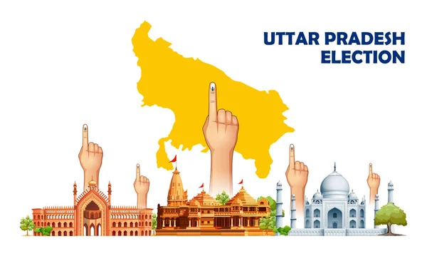 Différentes personnes montrant doigt de vote pour l'élection de l'Assemblée législative de l'Uttar Pradesh — Image vectorielle