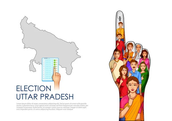 Διαφορετικοί άνθρωποι που δείχνουν το δάχτυλο ψήφου για τις βουλευτικές εκλογές του Uttar Pradesh — Διανυσματικό Αρχείο