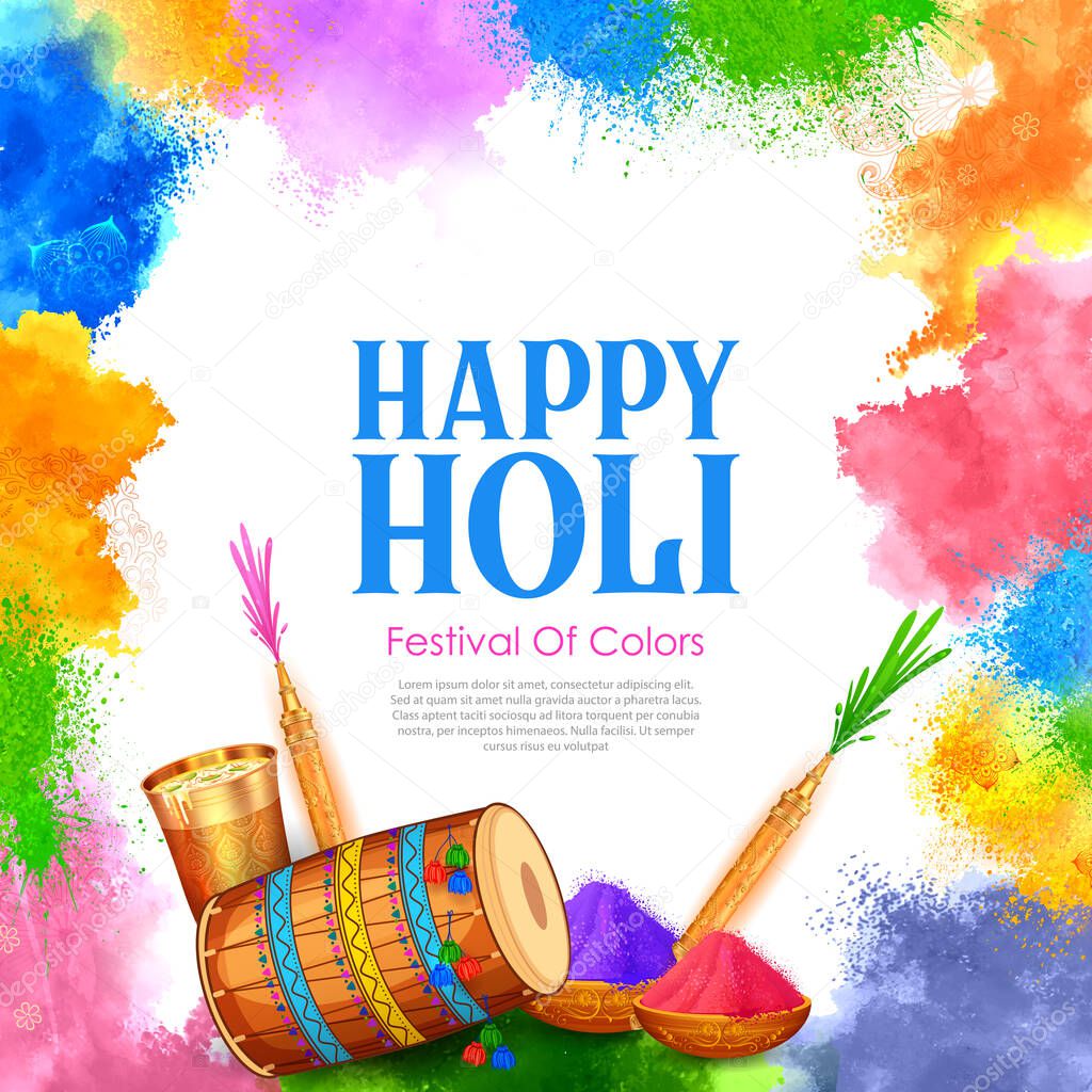 Colorful Happy Holi background card design for color festival of India celebration greetings