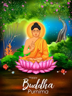 illustration of Lord Buddha in meditation under Bodhi Tree for Buddhist festival Happy Buddha Purnima Vesak