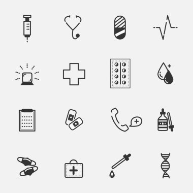 Mobil ve web uygulama bilgi grafiği tasarımı için minimalist basit tıbbi ve sağlık ikonu, işaretler ve sembollerin çizimi