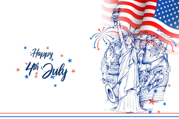 アメリカの幸せな独立記念日の 日の背景に自由の女神のイラスト — ストックベクタ