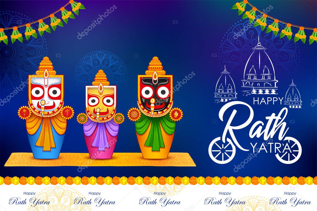 illustration of Lord Jagannath, Balabhadra and Subhadra on annual Rathayatra in Odisha festival background