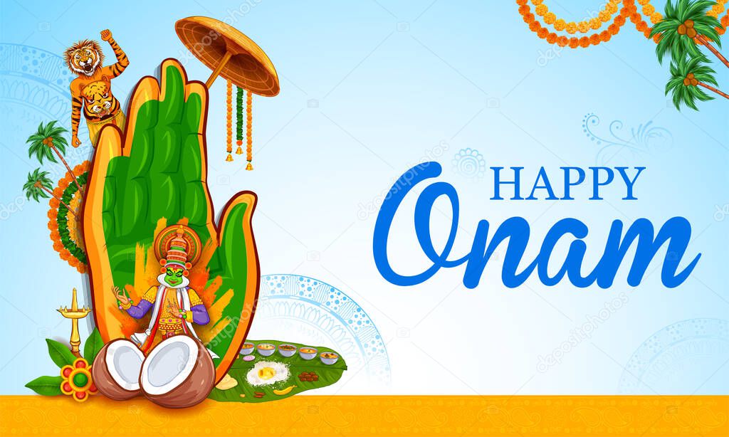 illustration of colorful Kathakali dancer on background for Happy Onam festival of South India Kerala