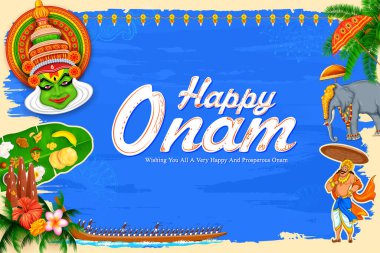 Güney Hindistan Kerala Happy Onam festivali için arka planda renkli Kathakali dansçısının resmi