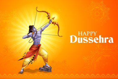 Lord Rama 'nın Mutlu Dussehra Festivali' nde Bow ve Arrow 'u tutarken Hindistan arka planında çekilmiş bir resim.