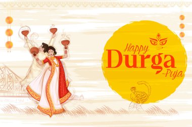 illustration of couple performing Dhunchi dance in Happy Durga Puja Subh Navratri Indian religious header banner background