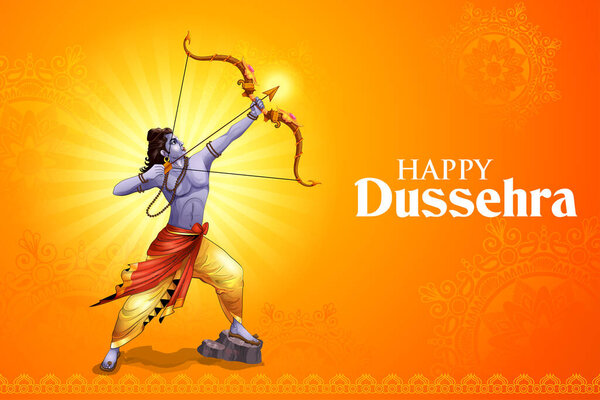 illustration of Lord Rama holding Bow and Arrow in Happy Dussehra festival of India background
