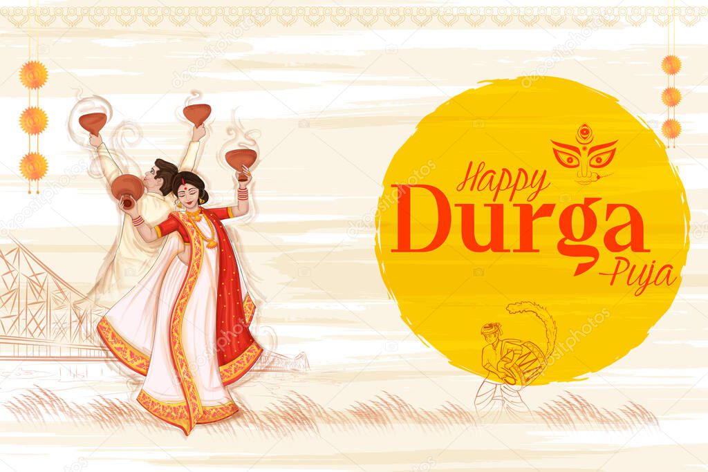 illustration of couple performing Dhunchi dance in Happy Durga Puja Subh Navratri Indian religious header banner background