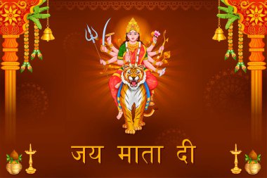 illustration of Sherawali Maa in Happy Durga Puja Subh Navratri Indian religious festival background with Hindi text Jai Mata Di means Hail Goddess