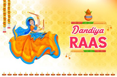 Hindistan Navratri Dussehra festivali için disko Garba Gece afiş Dandiya oynayan kadın illüstrasyon