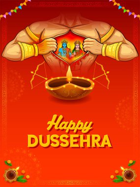 illustration of Lord Hanuman with Rama and Sita on religious background for HPPY Dussehra festival of India