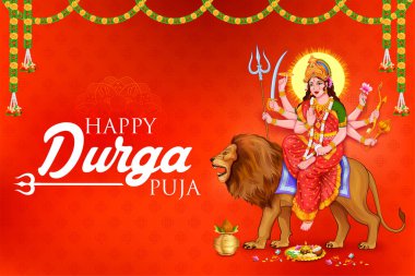 Tanrıça Durga 'nın Mutlu Durga Puja Subh Navratri Hint dini başlıklı afiş arkaplanındaki görüntüsü