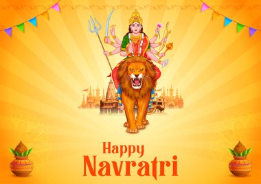 Tanrıça Durga 'nın Mutlu Durga Puja Subh Navratri Hint dini başlıklı afiş arkaplanındaki görüntüsü