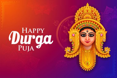 illustration of Goddess Durga Face in Happy Durga Puja Subh Navratri Indian religious festival background