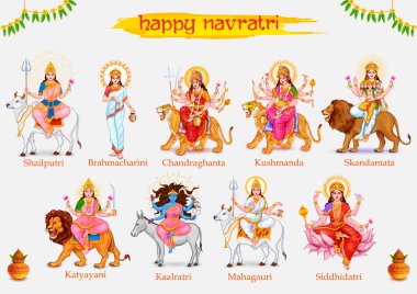 Navratri festivali için Tanrıça Navadurga 9 Devi 'nin resmi