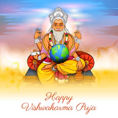 illustration of Hindu God Vishwakarma, an architect, and divine engineer of universe building the World clipart