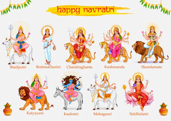 Navadurga Istennő Kilenc Devi Illusztrációja Navratri Fesztivál Megünneplésére — Stock Vector