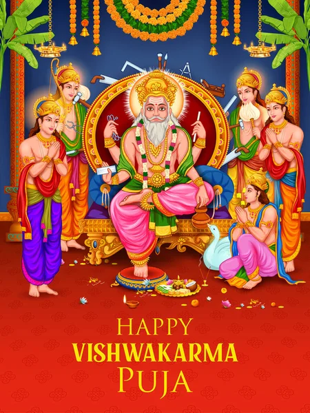 Illustration Hindu God Vishwakarma Architect Divine Engineer Universe Building World — Stock Vector