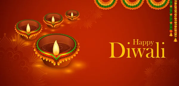 Illustration Brinnande Diya Happy Diwali Holiday Bakgrund För Ljusfestival Indien — Stock vektor