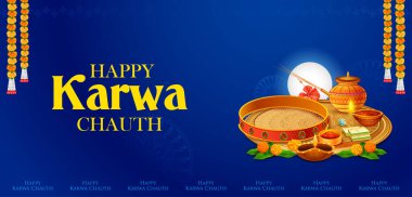 Hint Hindu festivali Mutlu Karwa Chauth 'u kutlamak için süslenmiş pooja thali resmi.