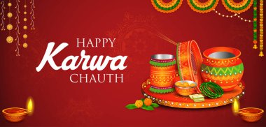 Hint Hindu festivali Mutlu Karwa Chauth 'u kutlamak için süslenmiş pooja thali resmi.