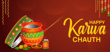 Hint Hindu festivali Mutlu Karwa Chauth 'u kutlamak için süslenmiş pooja thali resmi.