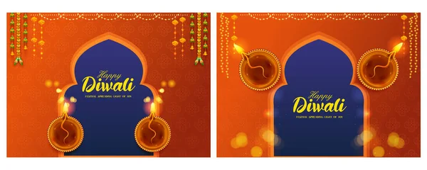 Иллюстрация Фона Шаблона Баннера Горением Diya Happy Diwali Holiday Светового — стоковый вектор