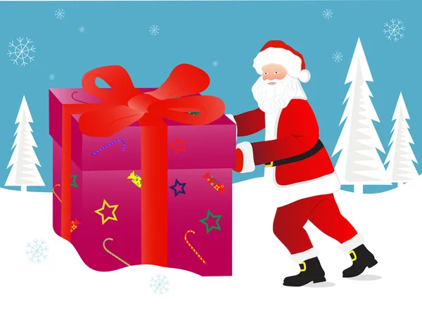 Papai Noel empurra um presente —  Vetores de Stock