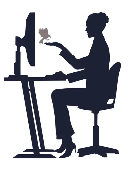 Дівчина за комп'ютером годує птаха — стоковий вектор