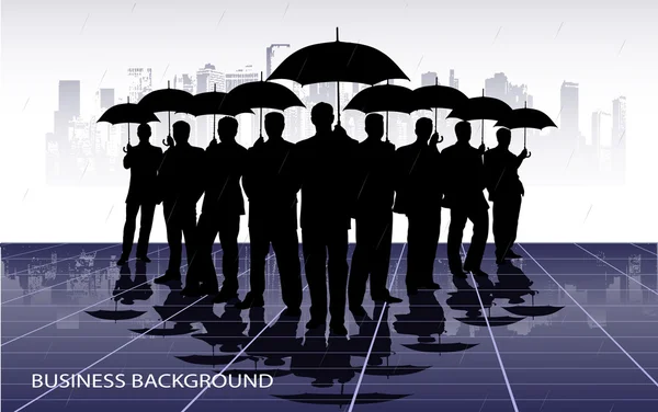 Businessmen under umbrellas against the city — Stock Vector