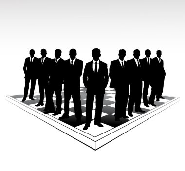 Silhouettes of businessmen on a chessboard clipart