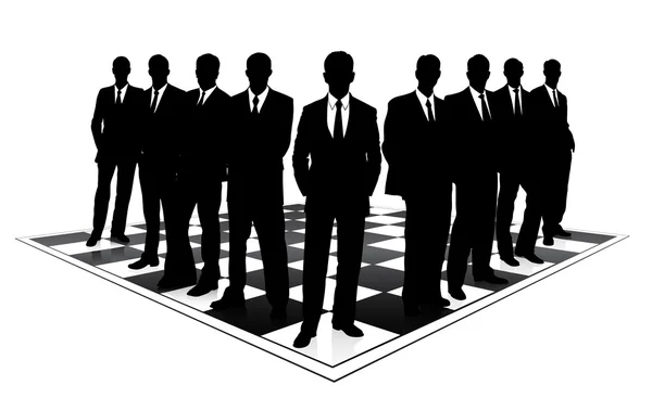 Silhuetas de homens de negócios em um tabuleiro de xadrez — Vetor de Stock